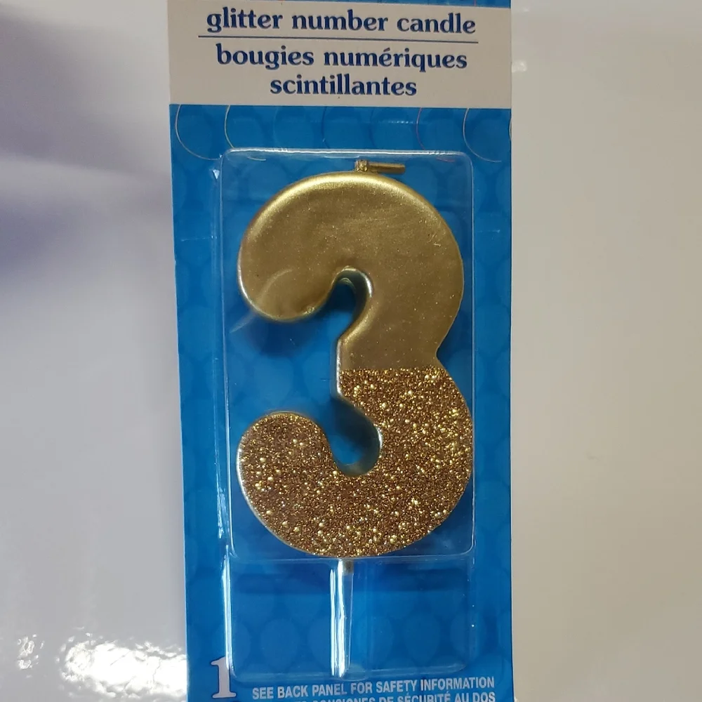 Gold Glitter Number 3 Candle Birthday Anniversary Party
